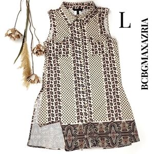 BCBGMAXAZRIA Cream Red Paisley Print Button Down Poly Tunic Top Sz L